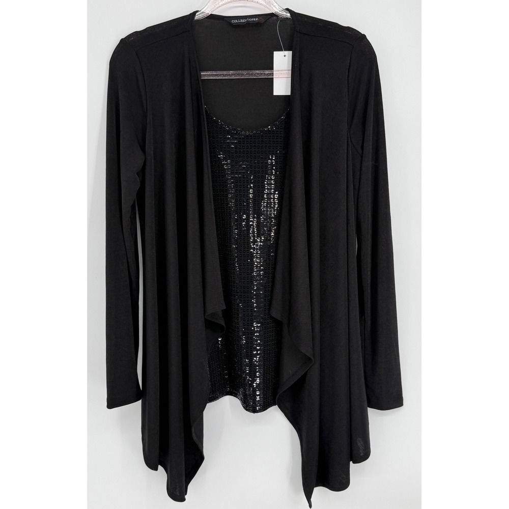 Colleen Lopez Womens Black Sequin Tank Top and Draped Cardigan Set Long Sleeve